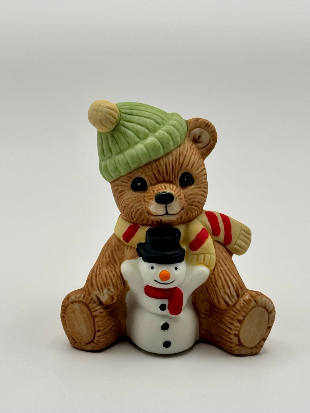 Holiday Bear Figurine with Snowman - Green Hat, Red Scarf